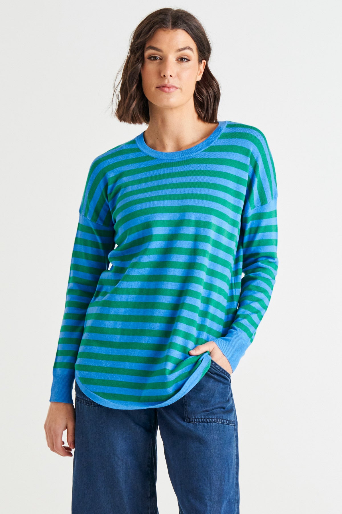 Sophie Lightweight Relaxed Knit Jumper - Green/Blue Stripe