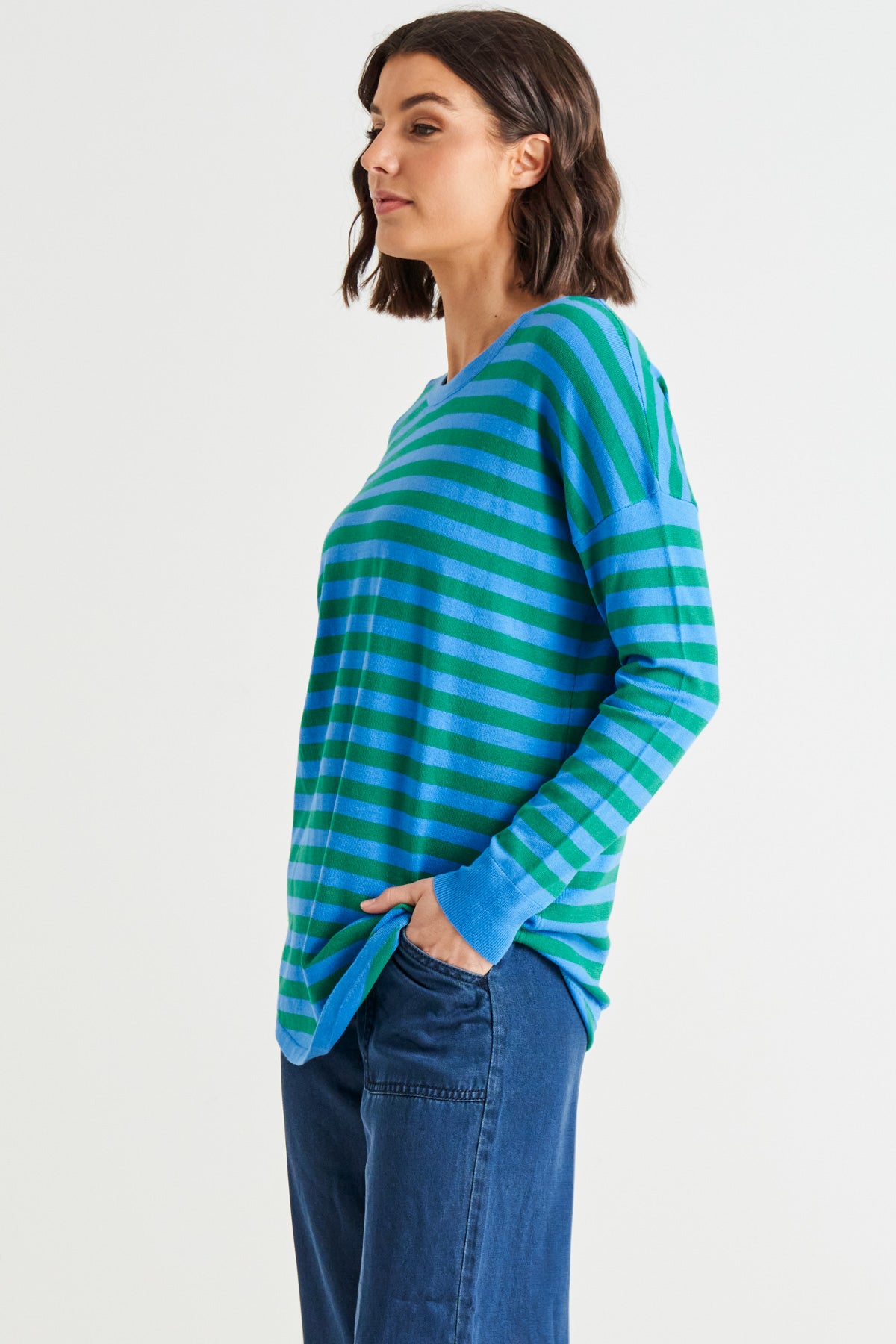 Sophie Lightweight Relaxed Knit Jumper - Green/Blue Stripe