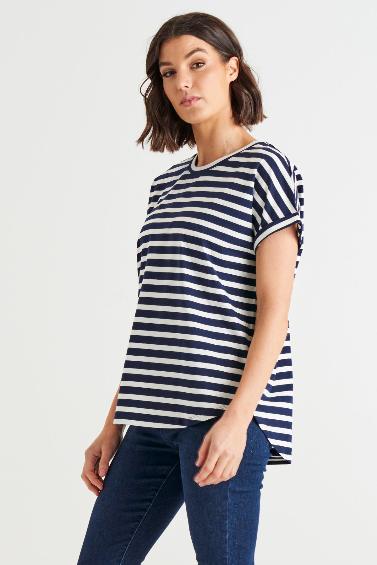 Hailey 100% Cotton Crew Neck Short Sleeve Basic Tee - White Stars - Blue Stripe