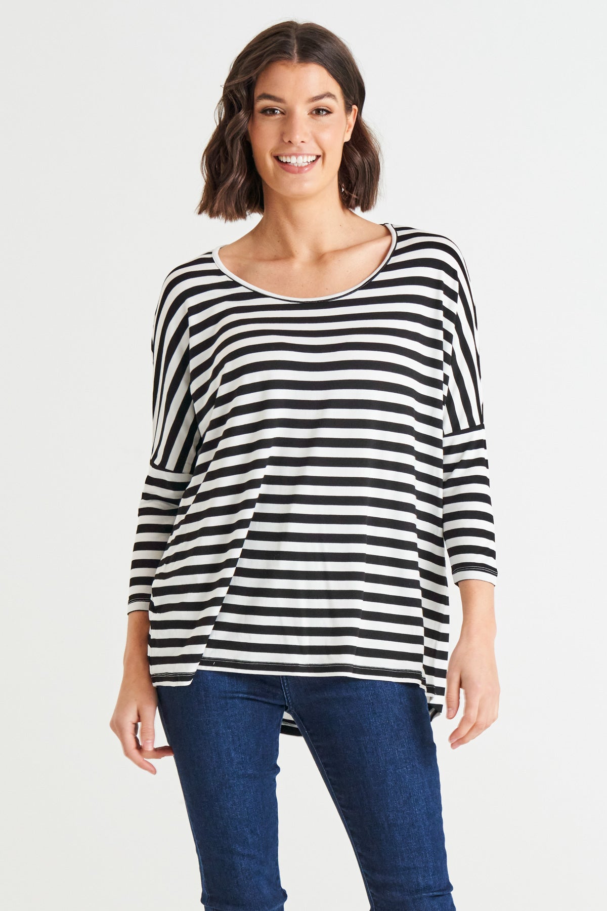 Milan Stretchy Draped Relaxed 3/4 Sleeve Basic Top - Black/White Stripe