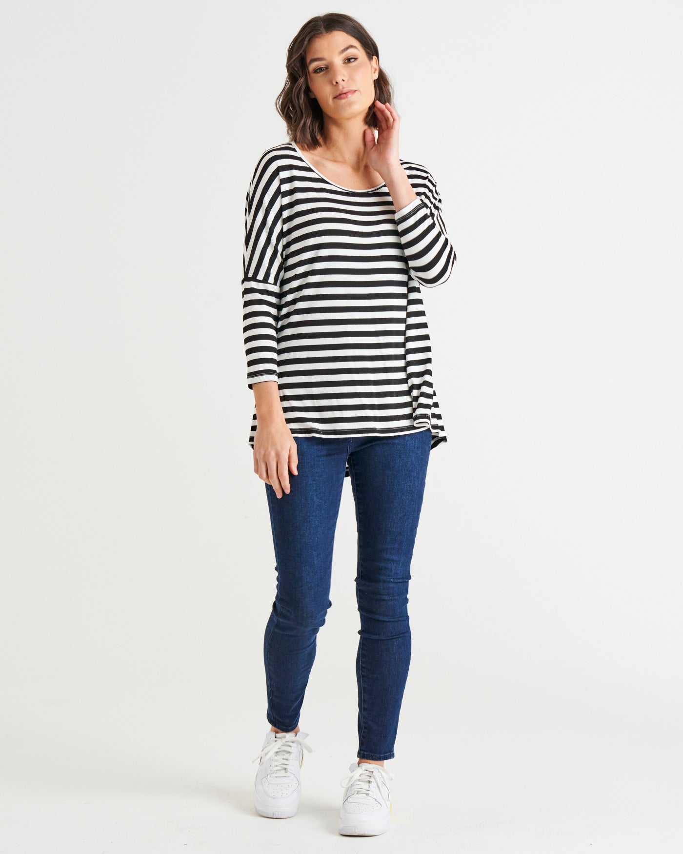 Milan Stretchy Draped Relaxed 3/4 Sleeve Basic Top - Black/White Stripe