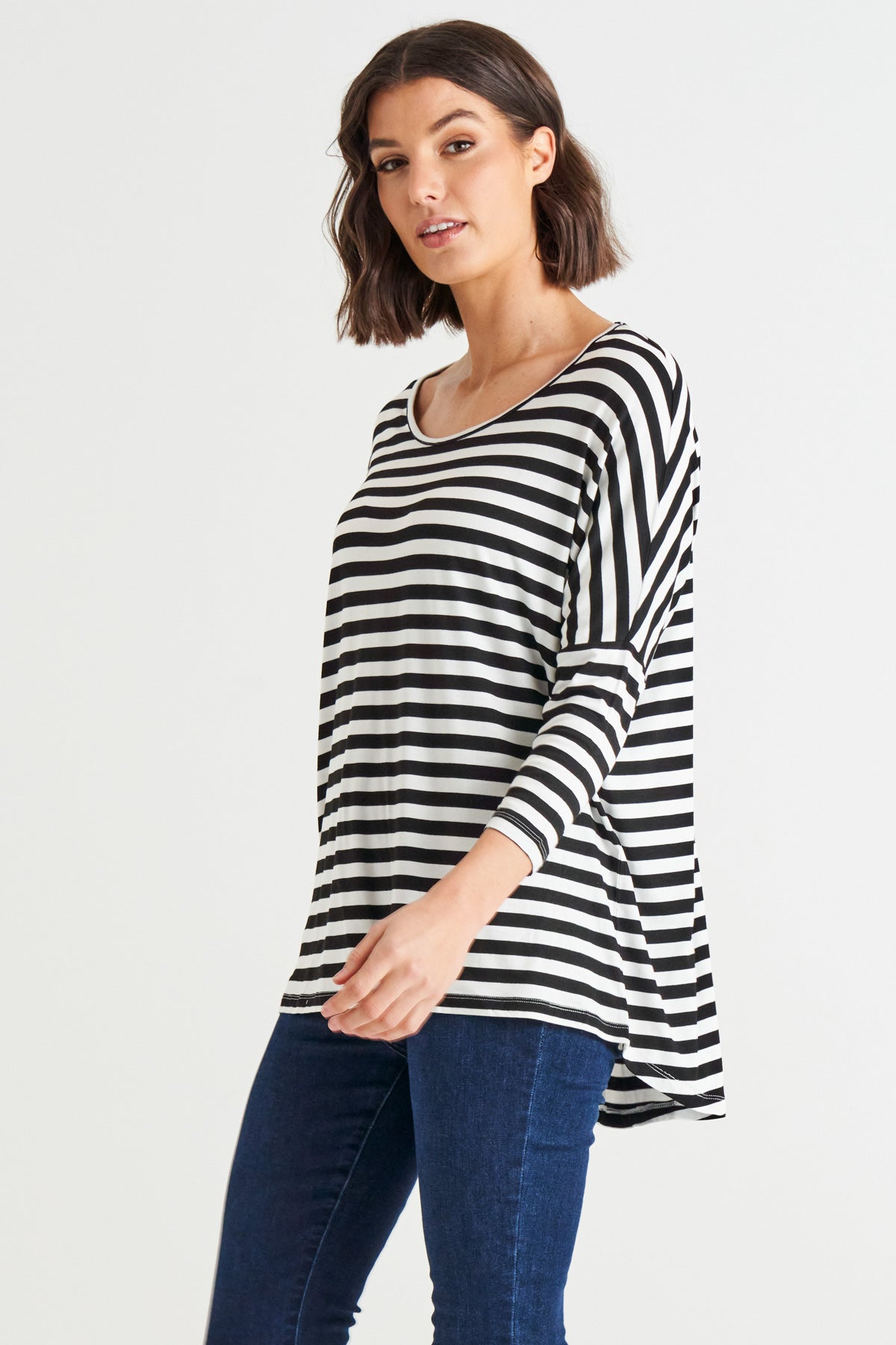 Milan Stretchy Draped Relaxed 3/4 Sleeve Basic Top - Black/White Stripe