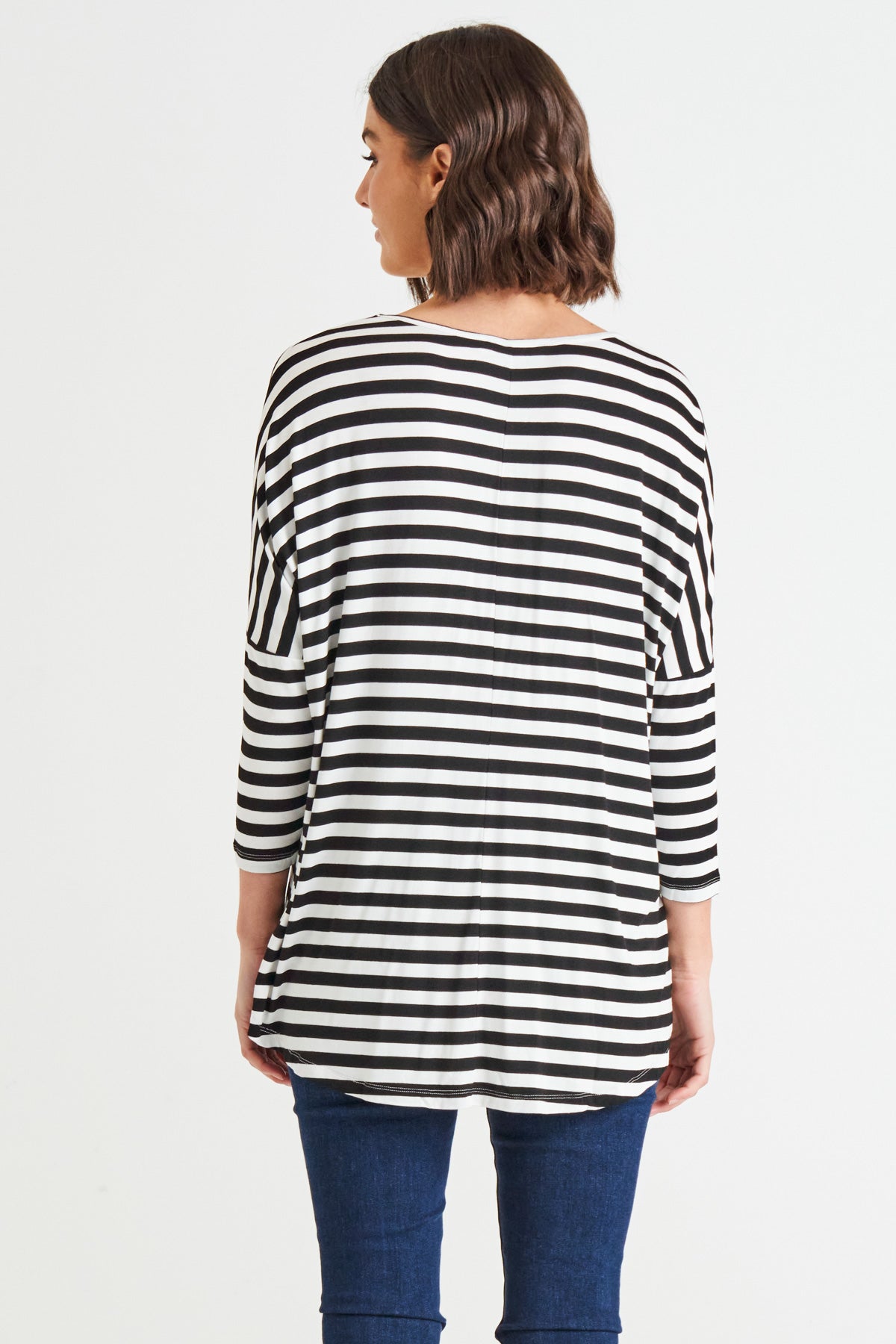 Milan Stretchy Draped Relaxed 3/4 Sleeve Basic Top - Black/White Stripe