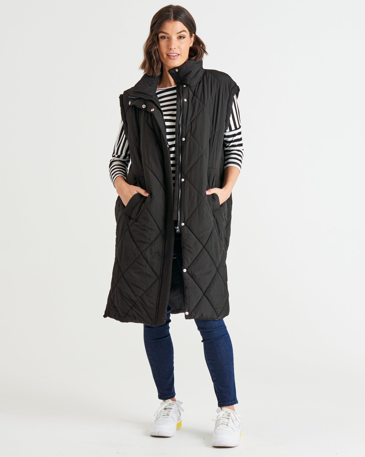 Cape Cod Quilted Padded Puffer Long Vest - Black