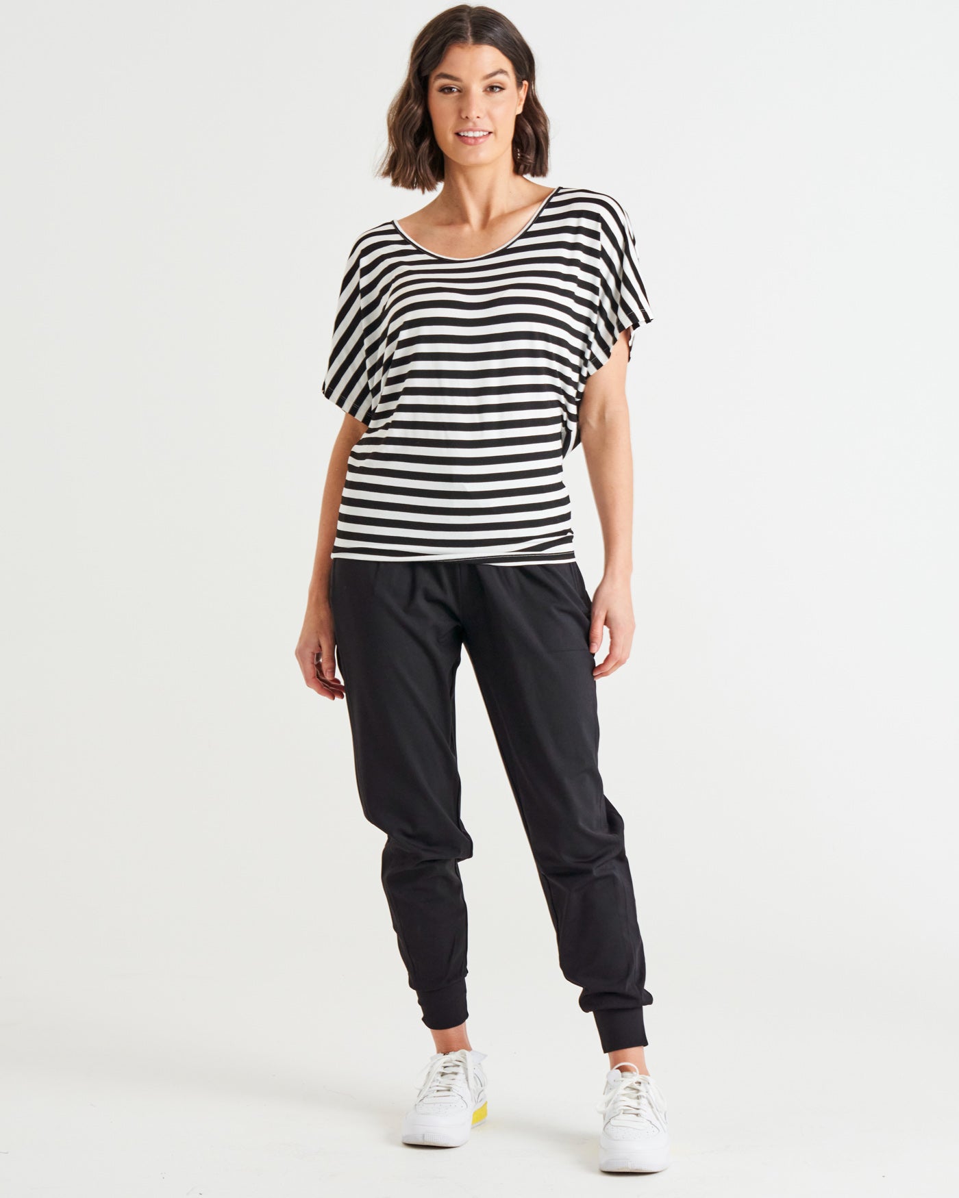 Maui Stretchy Batwing Draped Basic Tee - Black/White Stripe