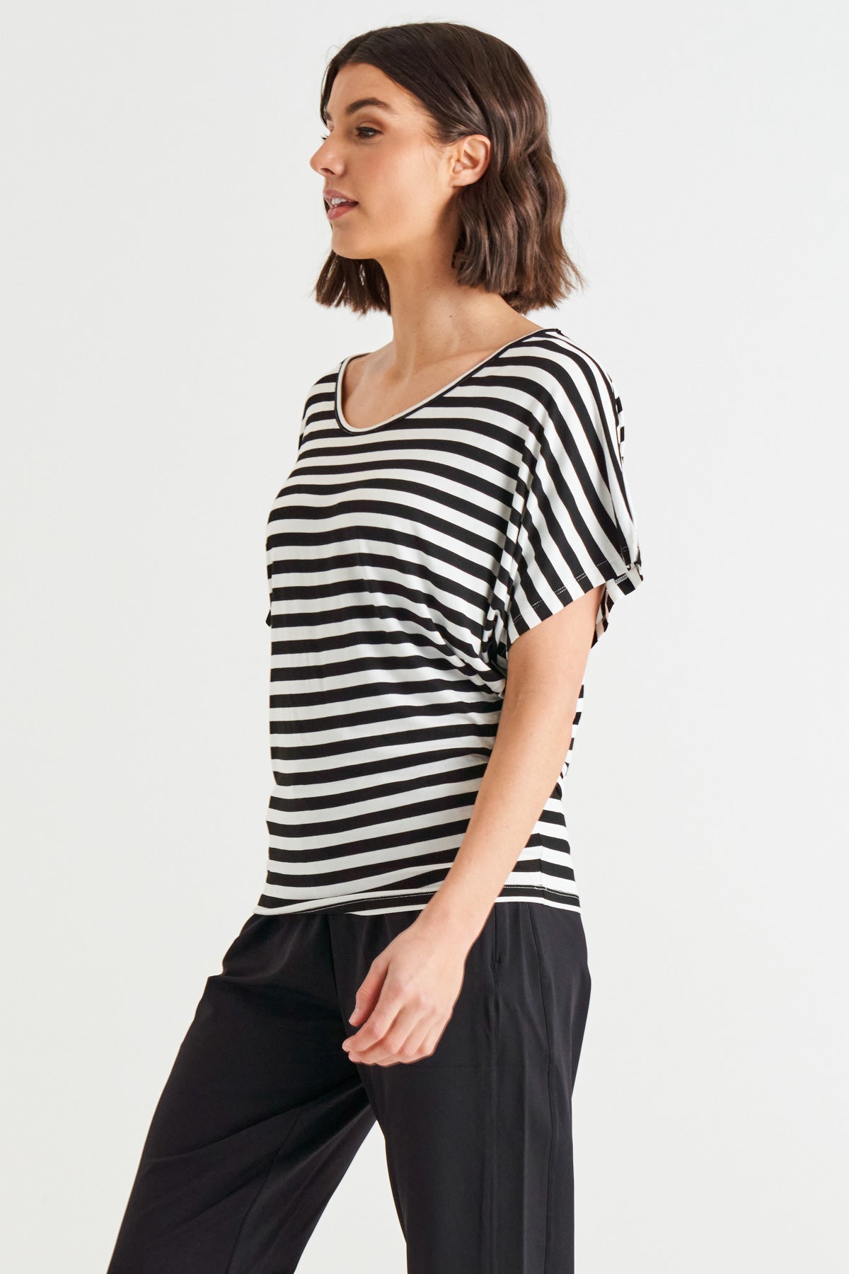 Maui Stretchy Batwing Draped Basic Tee - Black/White Stripe