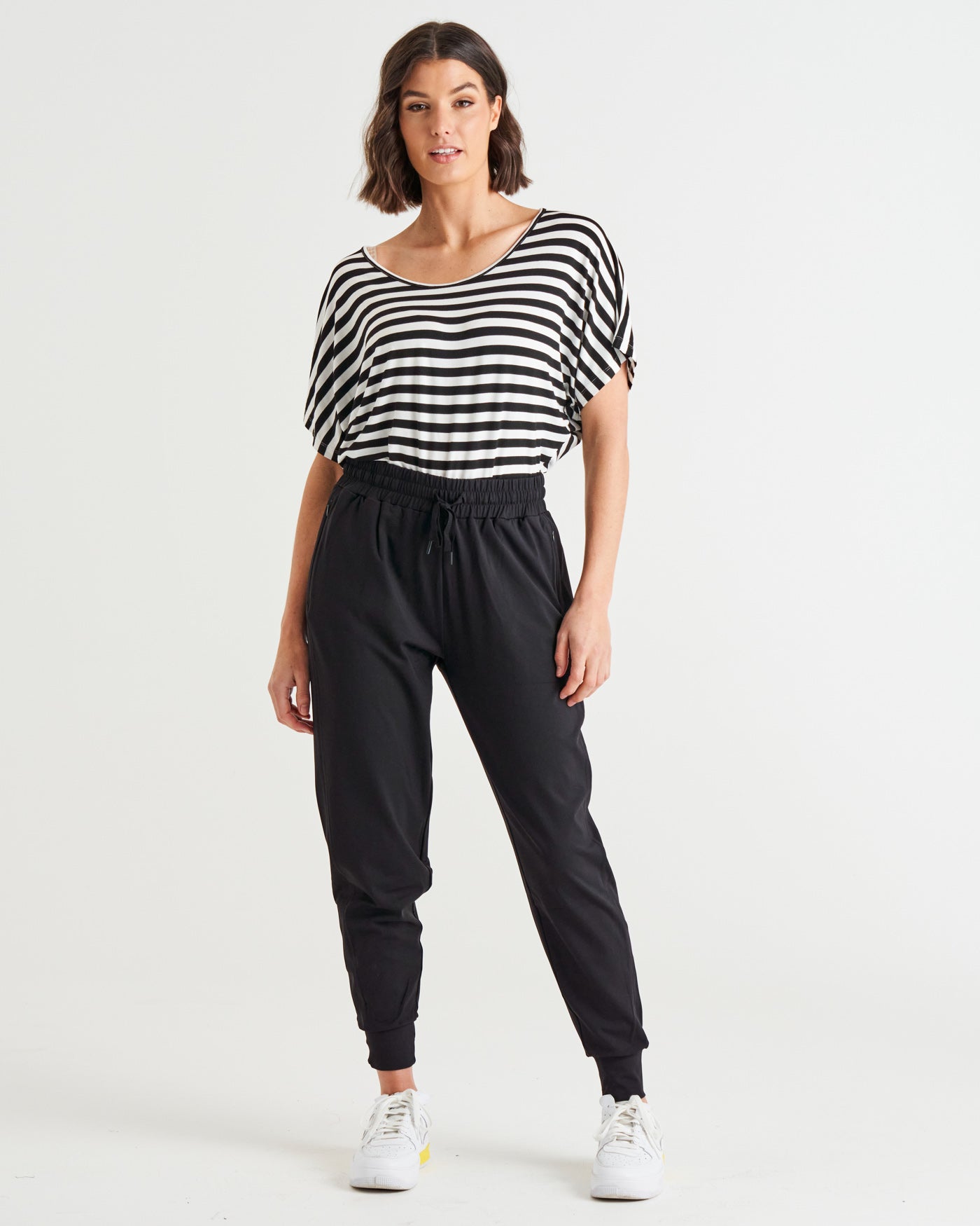 Maui Stretchy Batwing Draped Basic Tee - Black/White Stripe