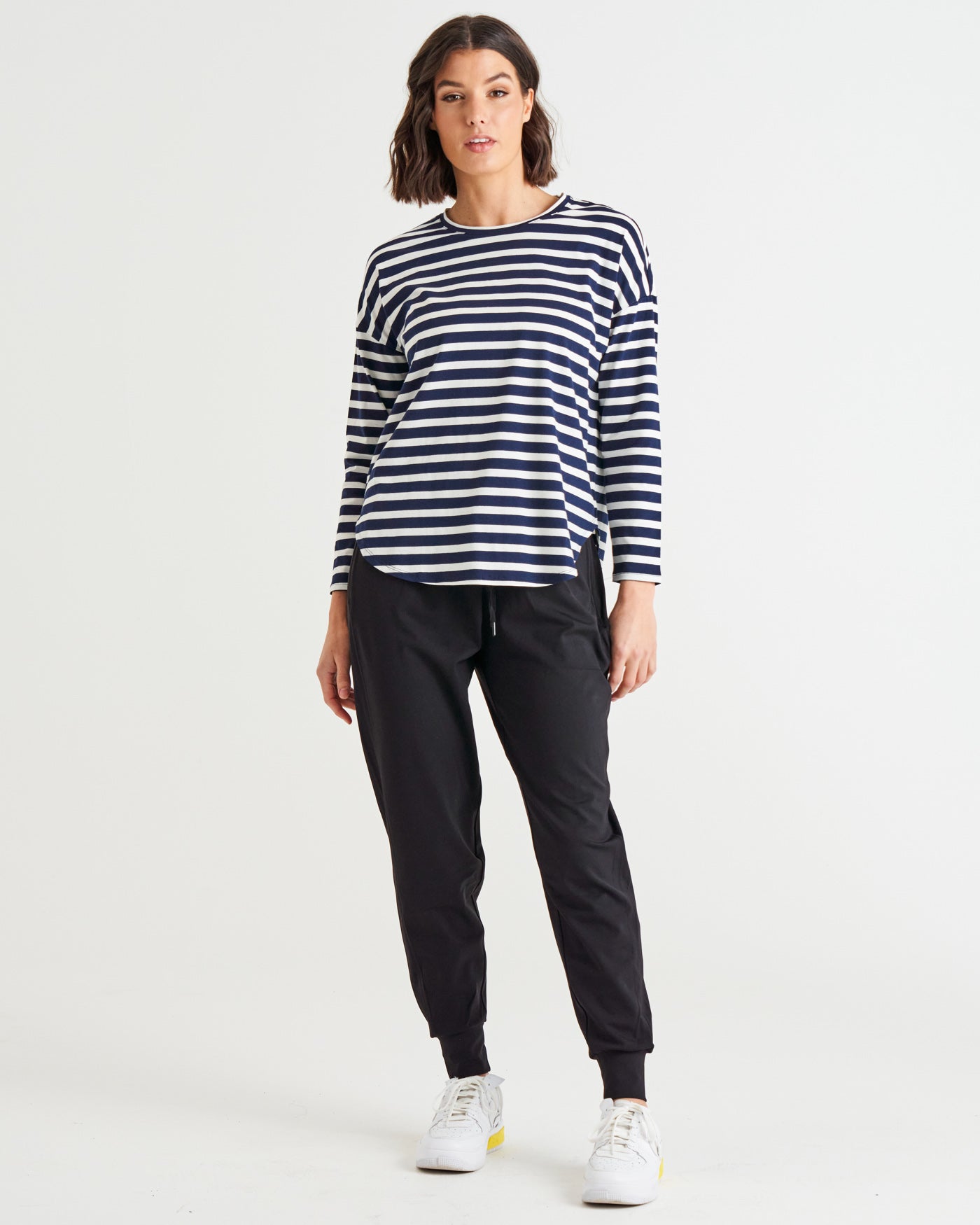 Jessie Relaxed Long Sleeve Cotton Basic Tee - Blue Stripe