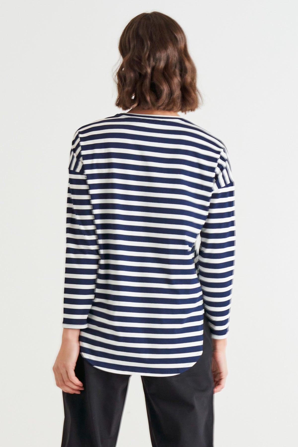 Jessie Relaxed Long Sleeve Cotton Basic Tee - Blue Stripe