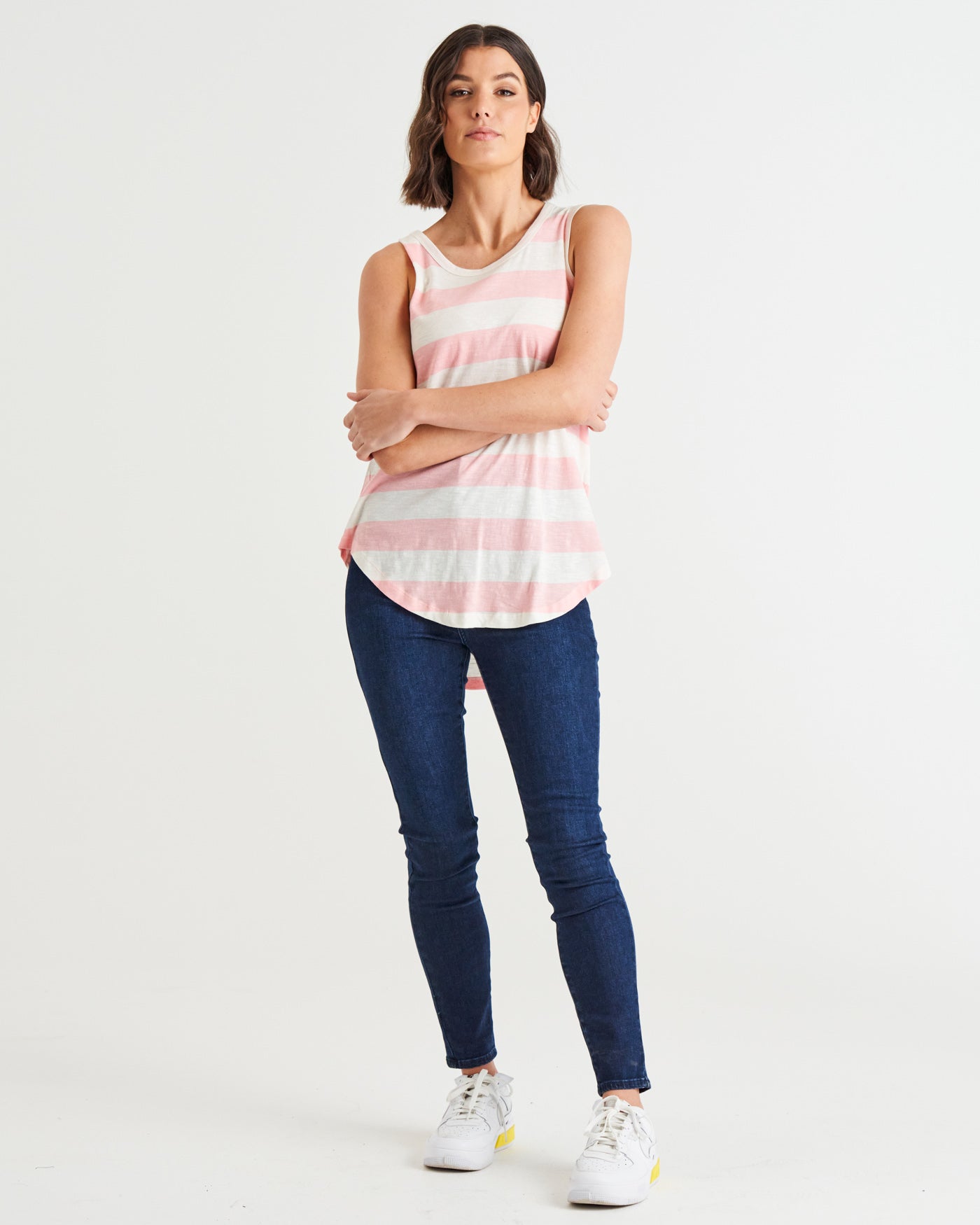 Keira Relaxed Scoop Neck Long Cotton Basic Tank - Baby Pink Stripe