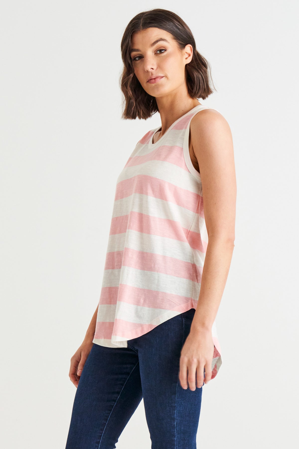 Keira Relaxed Scoop Neck Long Cotton Basic Tank - Baby Pink Stripe