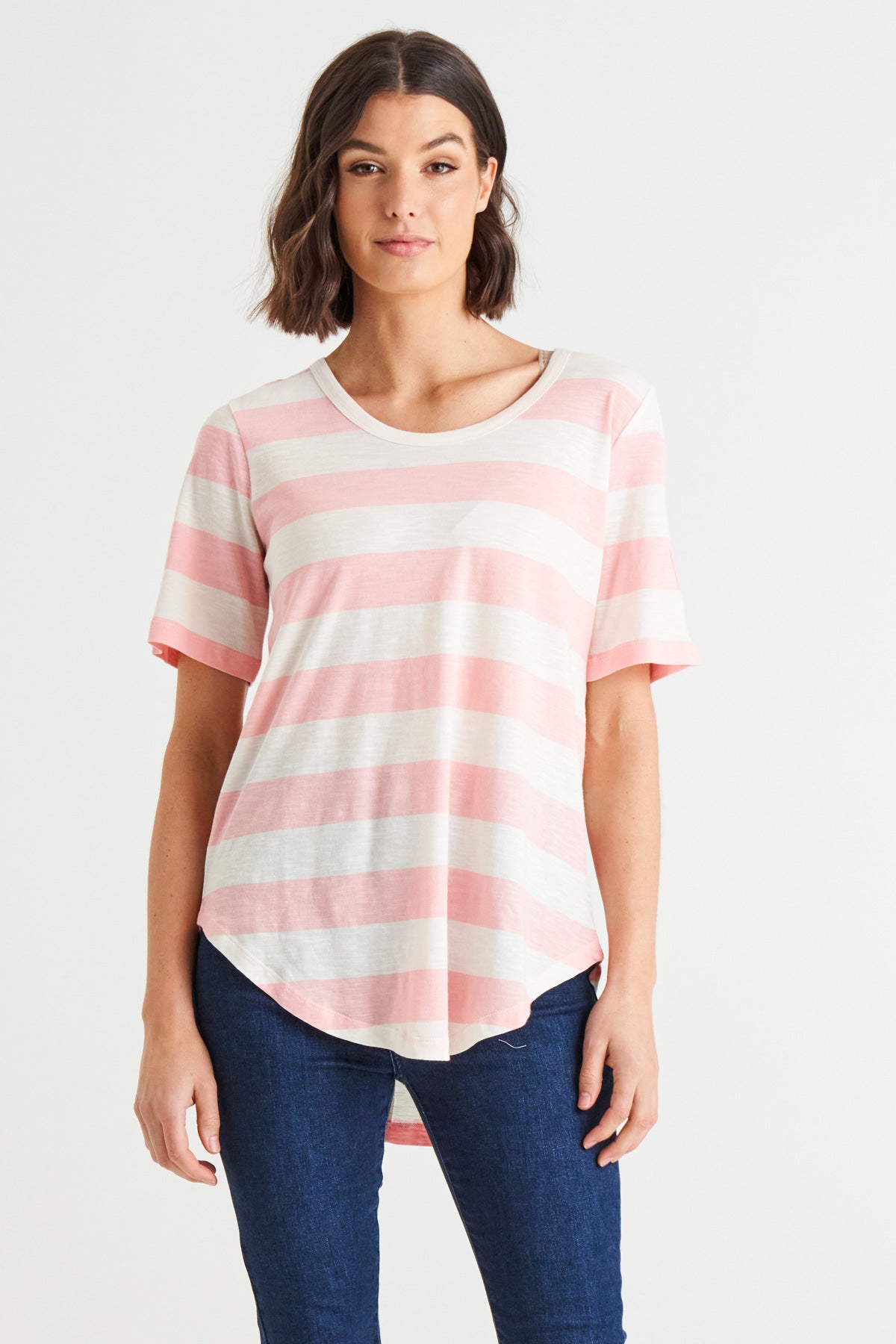 Ariana Scoop Neck Curved Hem Basic Cotton Tee - Baby Pink Stripe