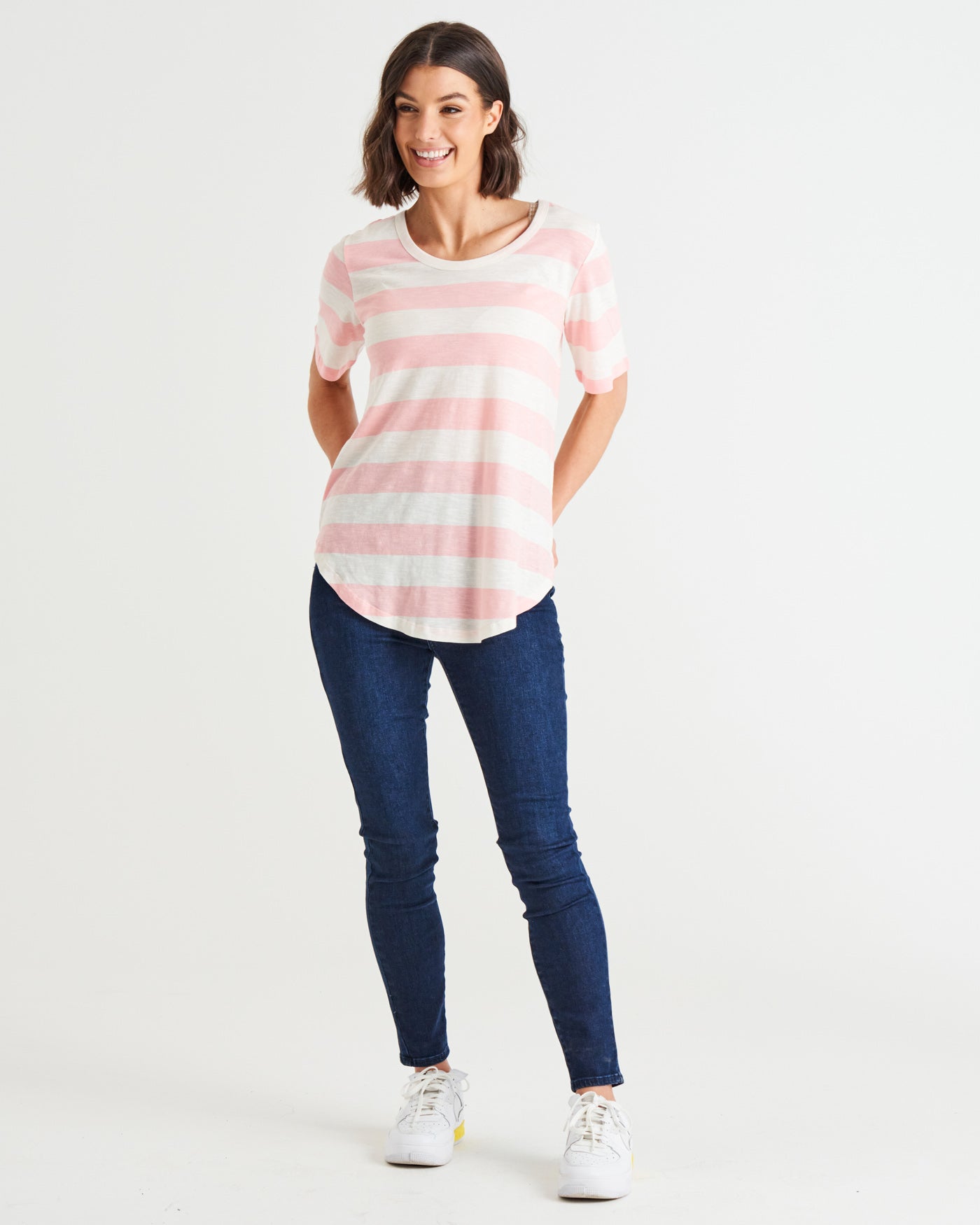 Ariana Scoop Neck Curved Hem Basic Cotton Tee - Baby Pink Stripe