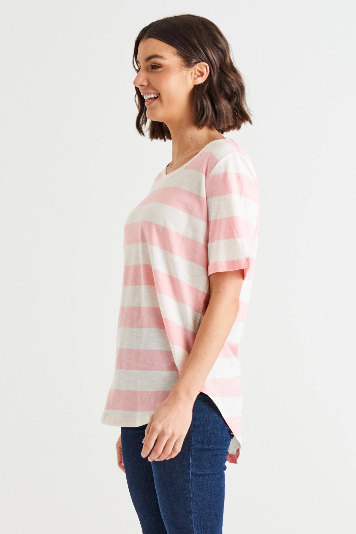 Ariana Scoop Neck Curved Hem Basic Cotton Tee - Baby Pink Stripe