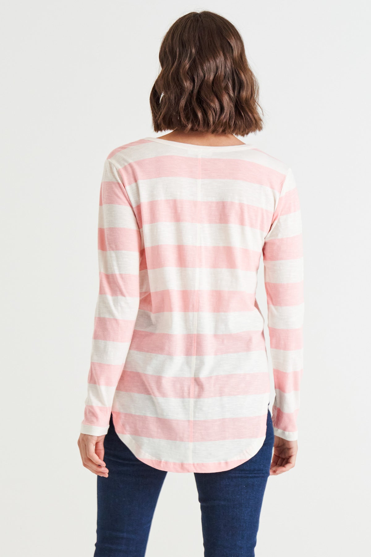 Megan Long Sleeve Cotton Basic Top - Baby Pink Stripe