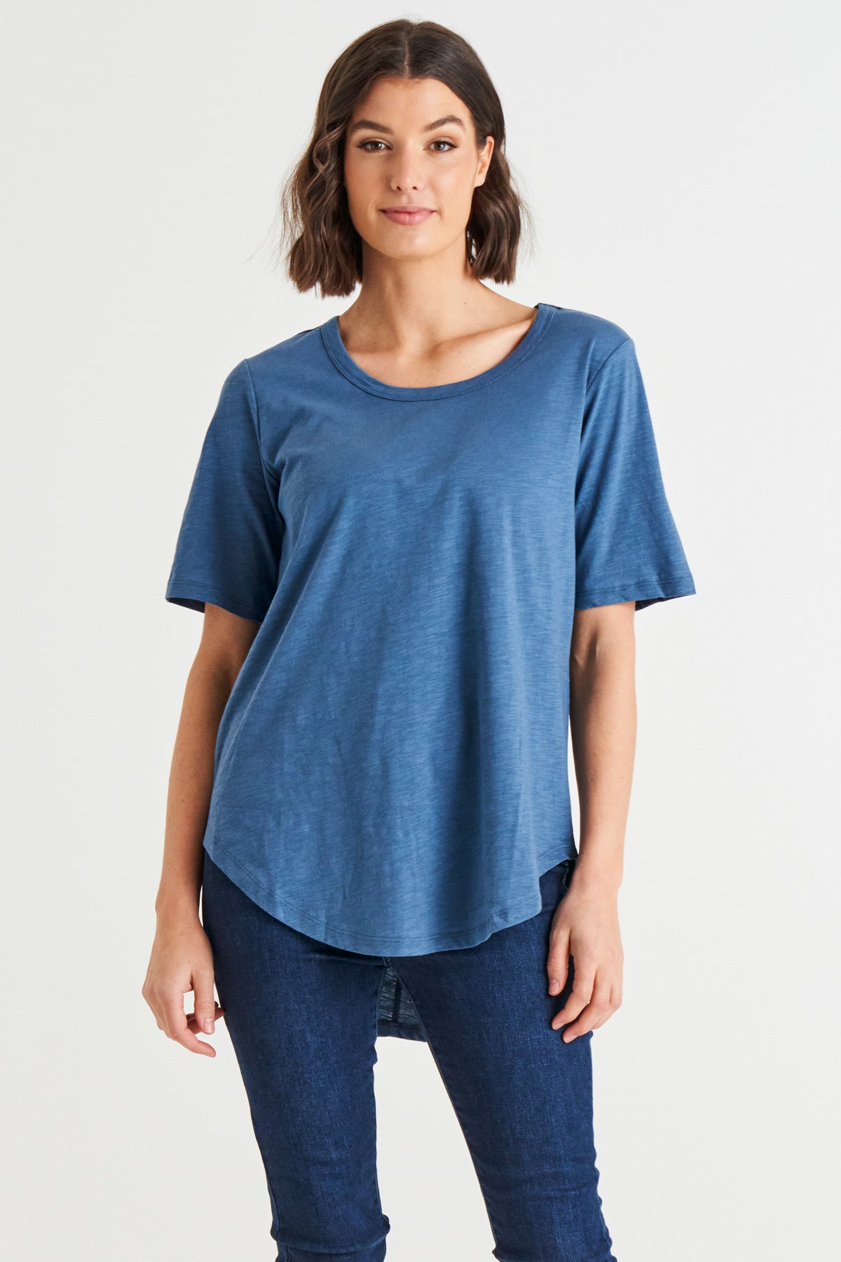 Ariana Scoop Neck Curved Hem Basic Cotton Tee - Steel Blue