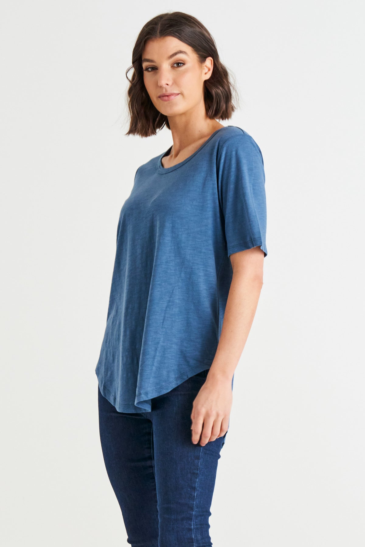 Ariana Scoop Neck Curved Hem Basic Cotton Tee - Steel Blue