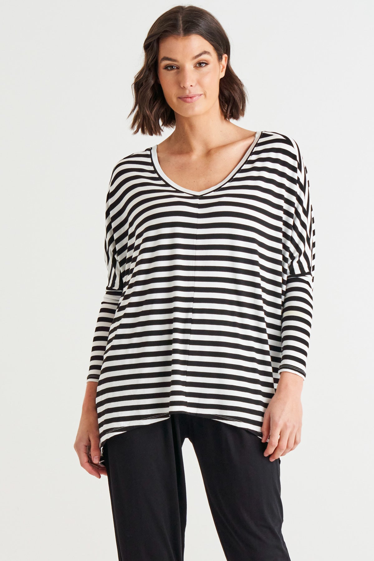 Kyoto V-Neck Loose Stretchy Basic Tee - Black/White Stripe