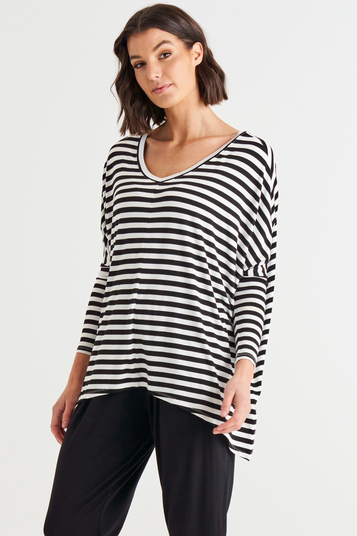 Kyoto V-Neck Loose Stretchy Basic Tee - Black/White Stripe