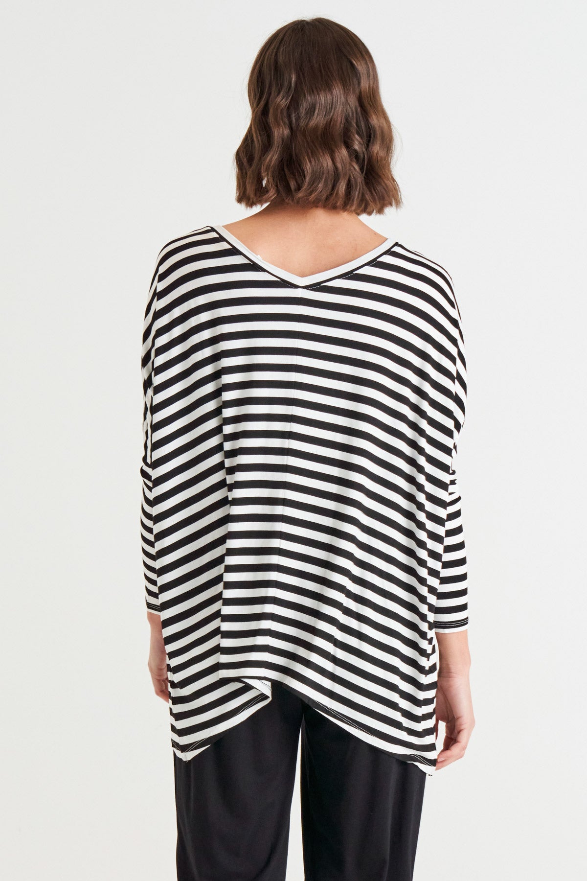 Kyoto V-Neck Loose Stretchy Basic Tee - Black/White Stripe