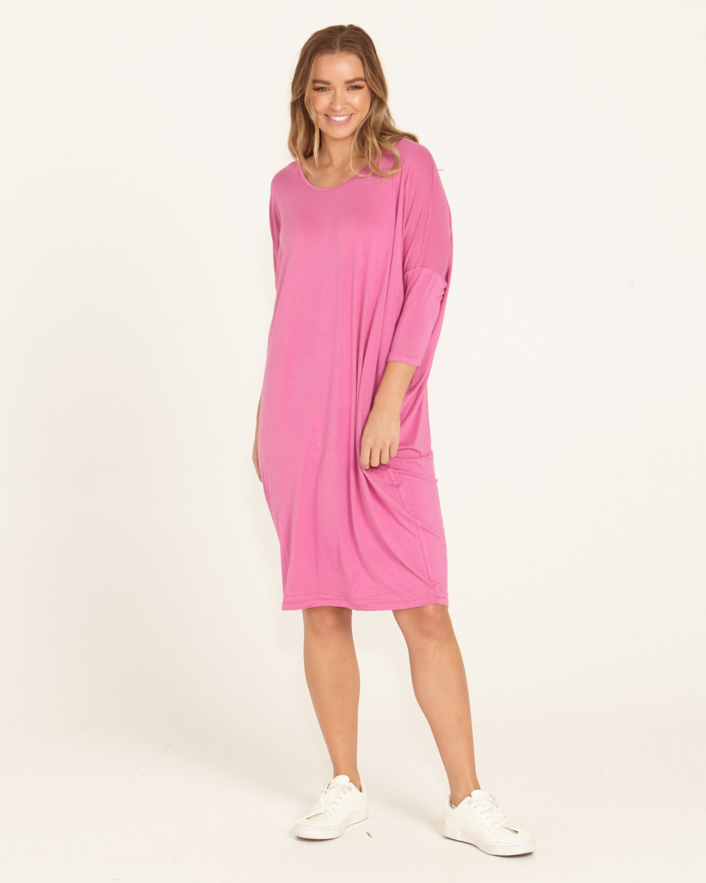 Lucia Stretchy 3/4 Sleeve T-Shirt Dress - Winter Pink