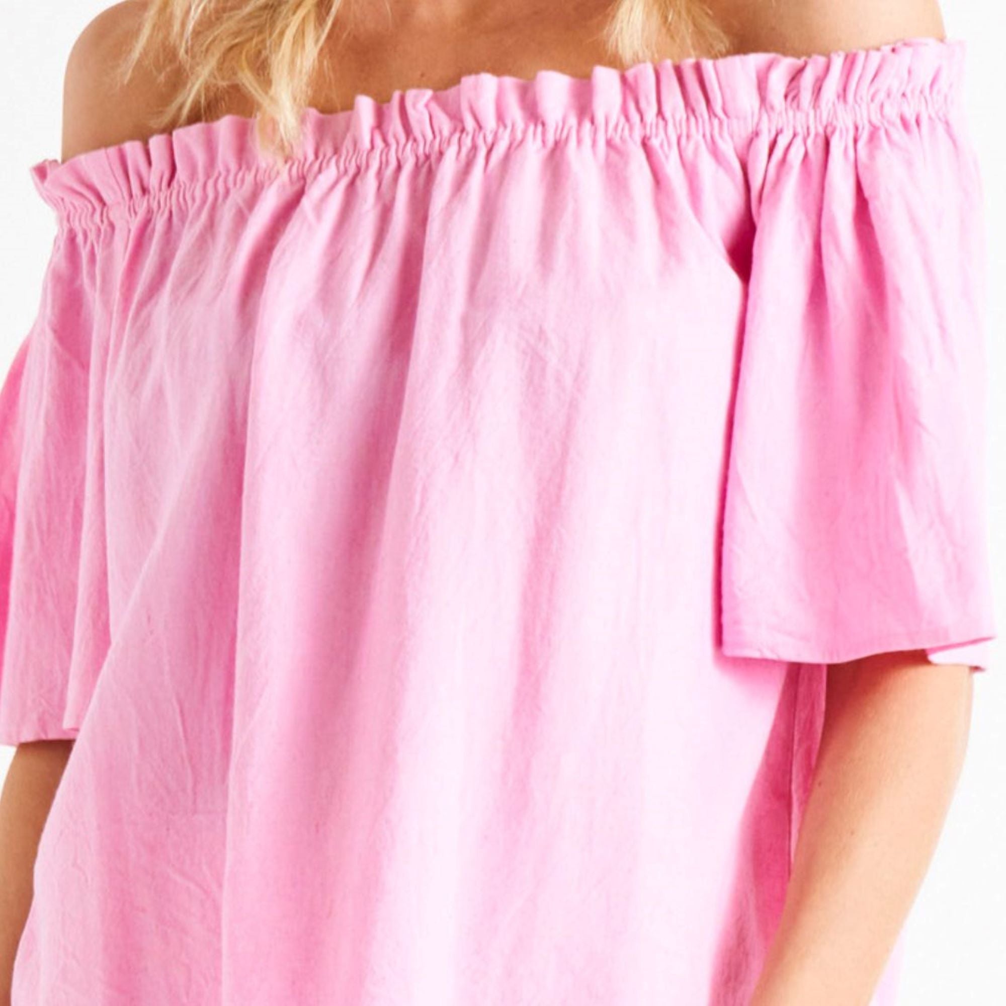 Jessica Off Shoulder Short Flutter Sleeve Linen-Blend Top - Prism Pink