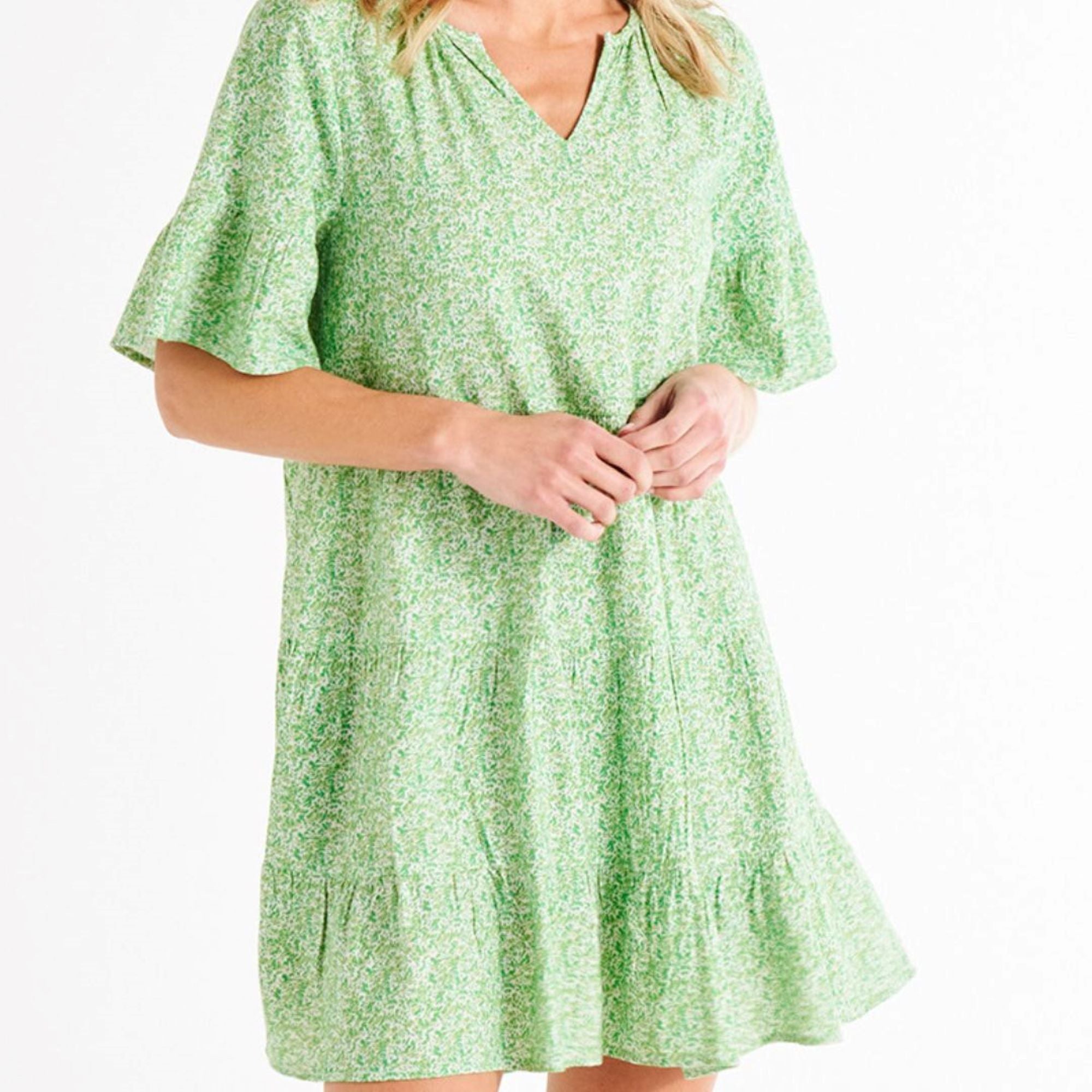 Sally Frill Sleeve Above-Knee Summer Linen-Blend Dress - Green Wild Animal Print