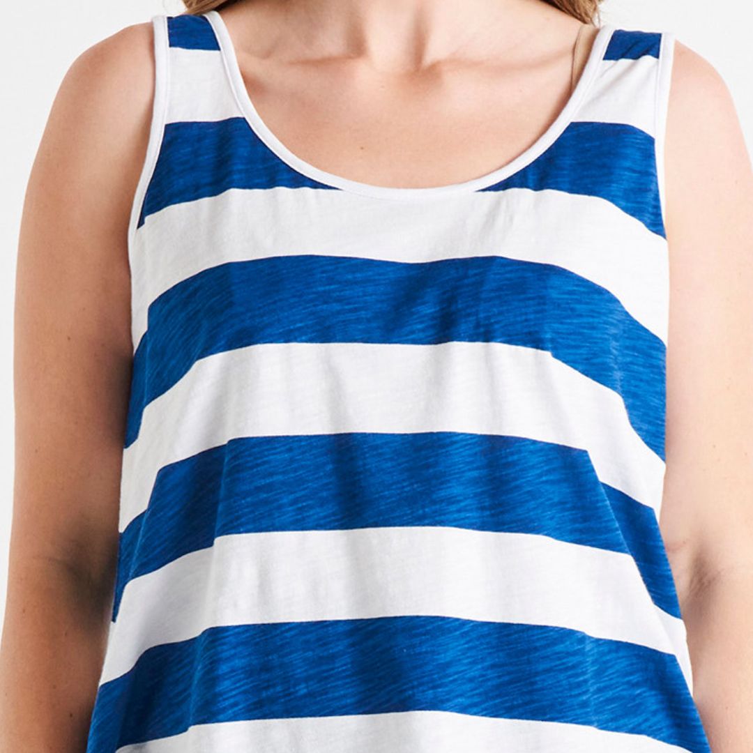 Boston Relaxed Scoop Neck Curve Hem Basic Cotton Tank - Blue/White Stripe