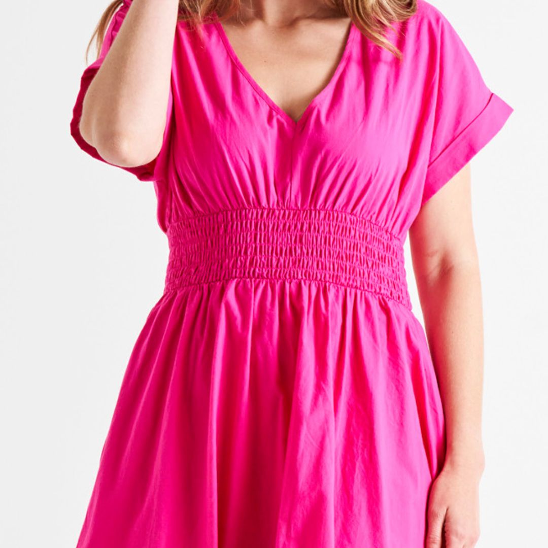 Carrie V-Neck Short Sleeve Shirred Waist Cotton Midi Dress - Miami Pink