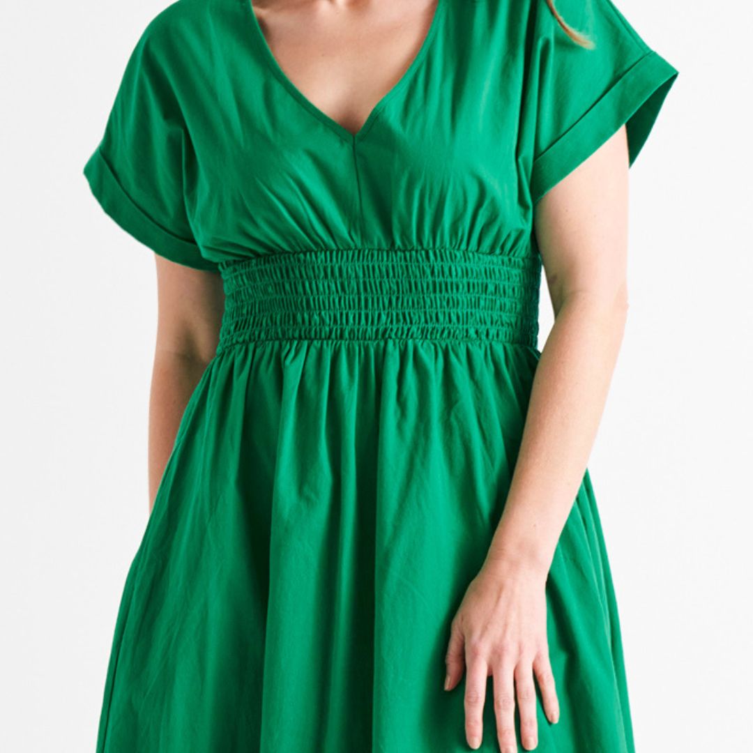 Carrie V-Neck Short Sleeve Shirred Waist Cotton Midi Dress - Holly Green