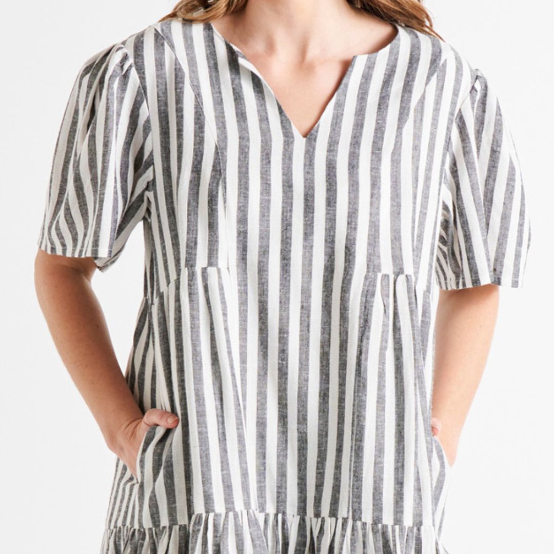 Amara Relaxed Tiered Linen-Blend Above-Knee Dress - Black/White Stripe