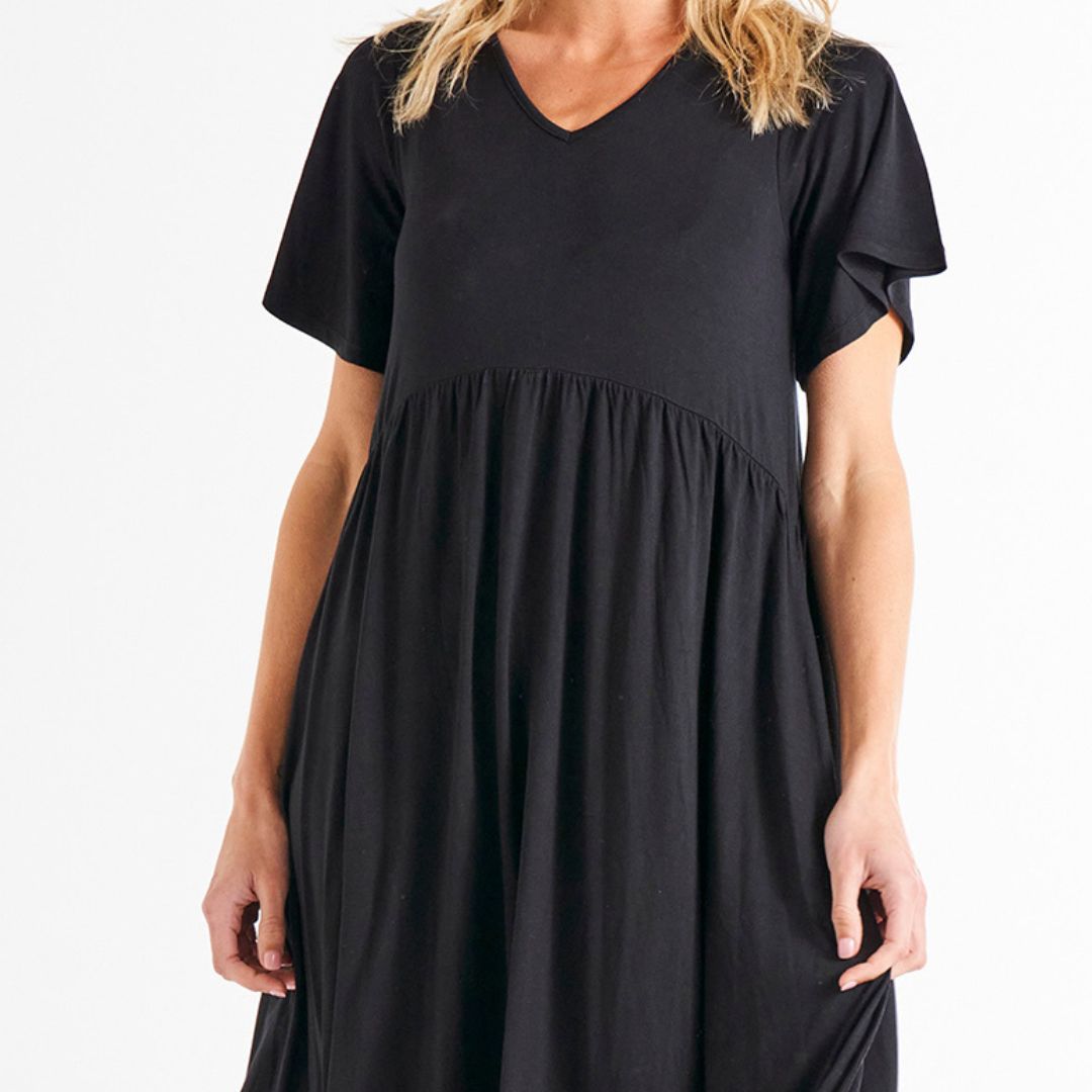 Donna Stretchy Frill Sleeve T-Shirt Dress - Black