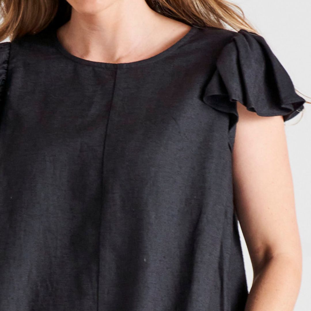 Imogen Frill Sleeve Linen-Blend Top - Coal