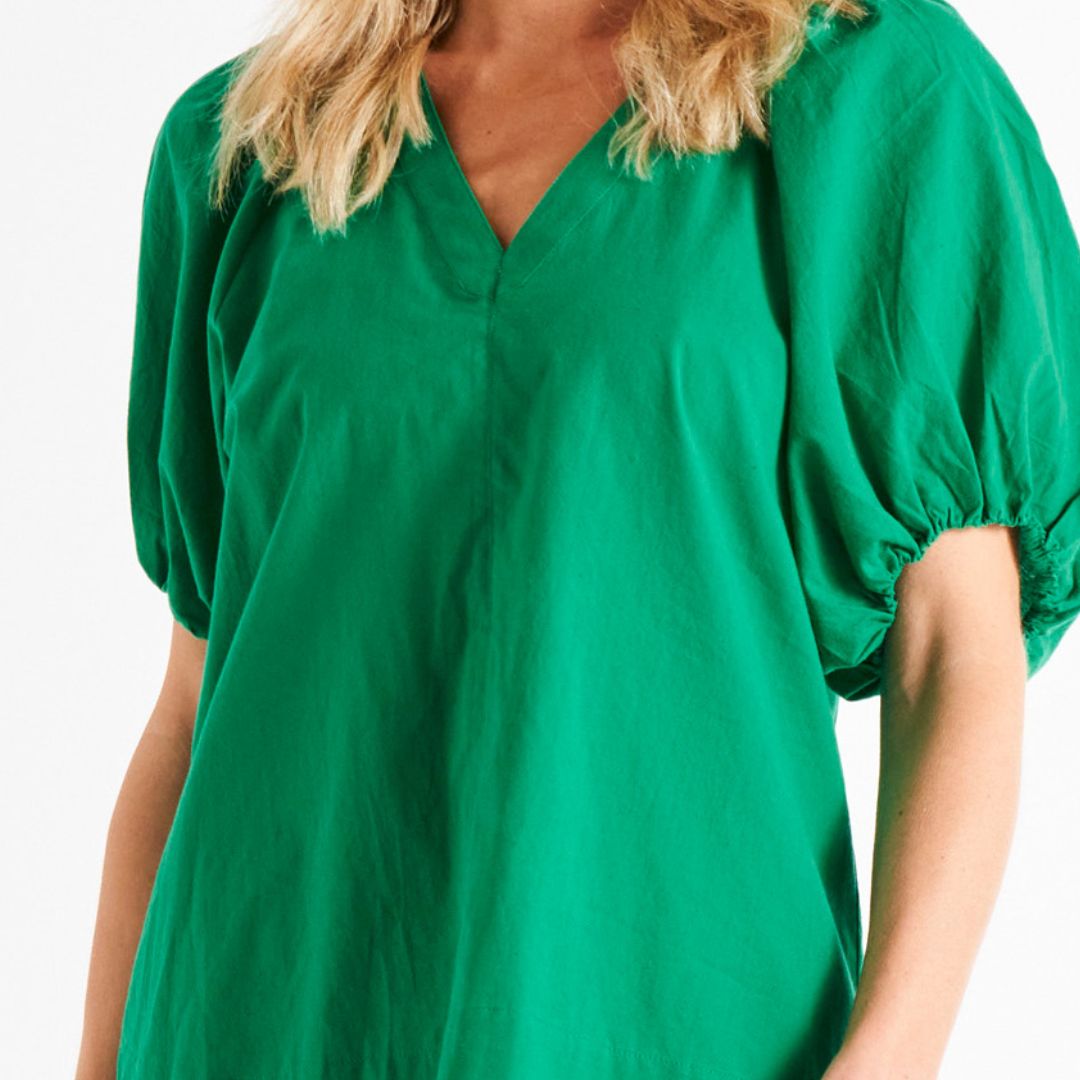 Juliet Puff Sleeve Linen-Blend Blouse - Holly Green