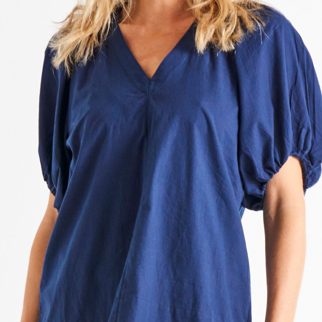 Juliet Puff Sleeve Linen-Blend Blouse - Navy