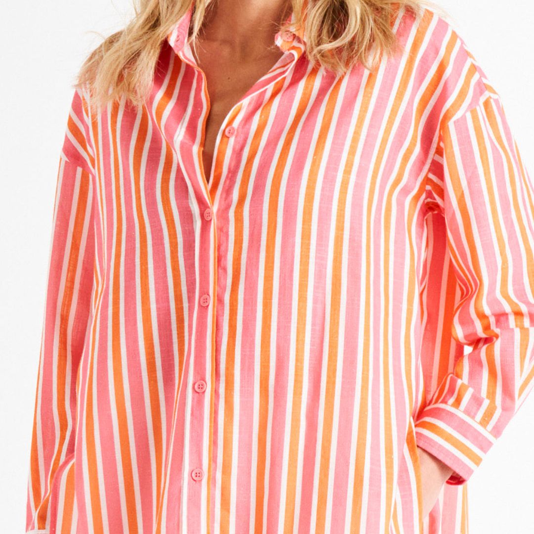 Quinn Oversized Relaxed Button-Up Cotton Shirt - Sundown Stripe Pink/Orange