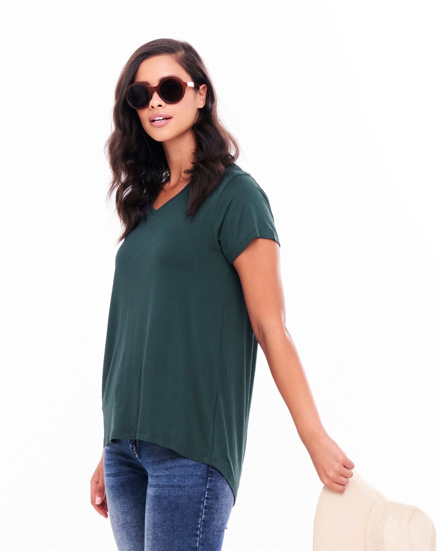 Matilda V-Neck Relaxed Draped Basic Tee - Ivy Green