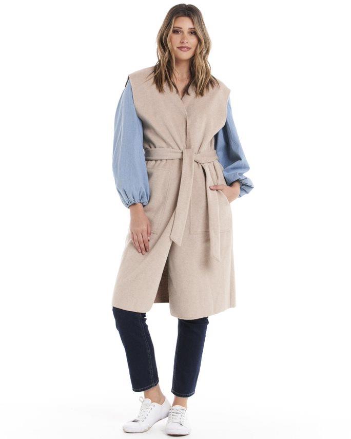 Alicia Belted Sleeveless Coat - Pebble