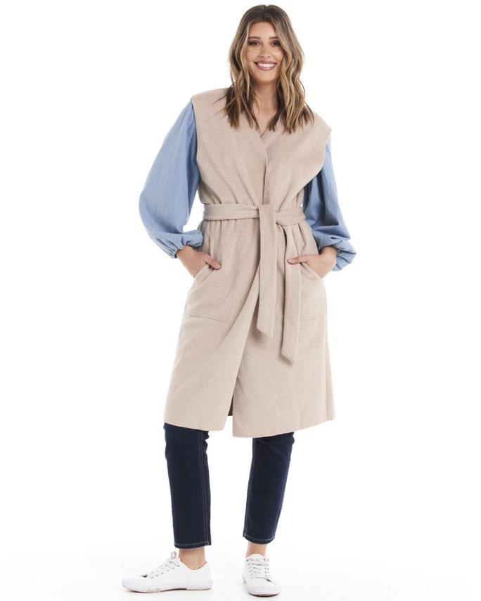 Alicia Belted Sleeveless Coat - Pebble