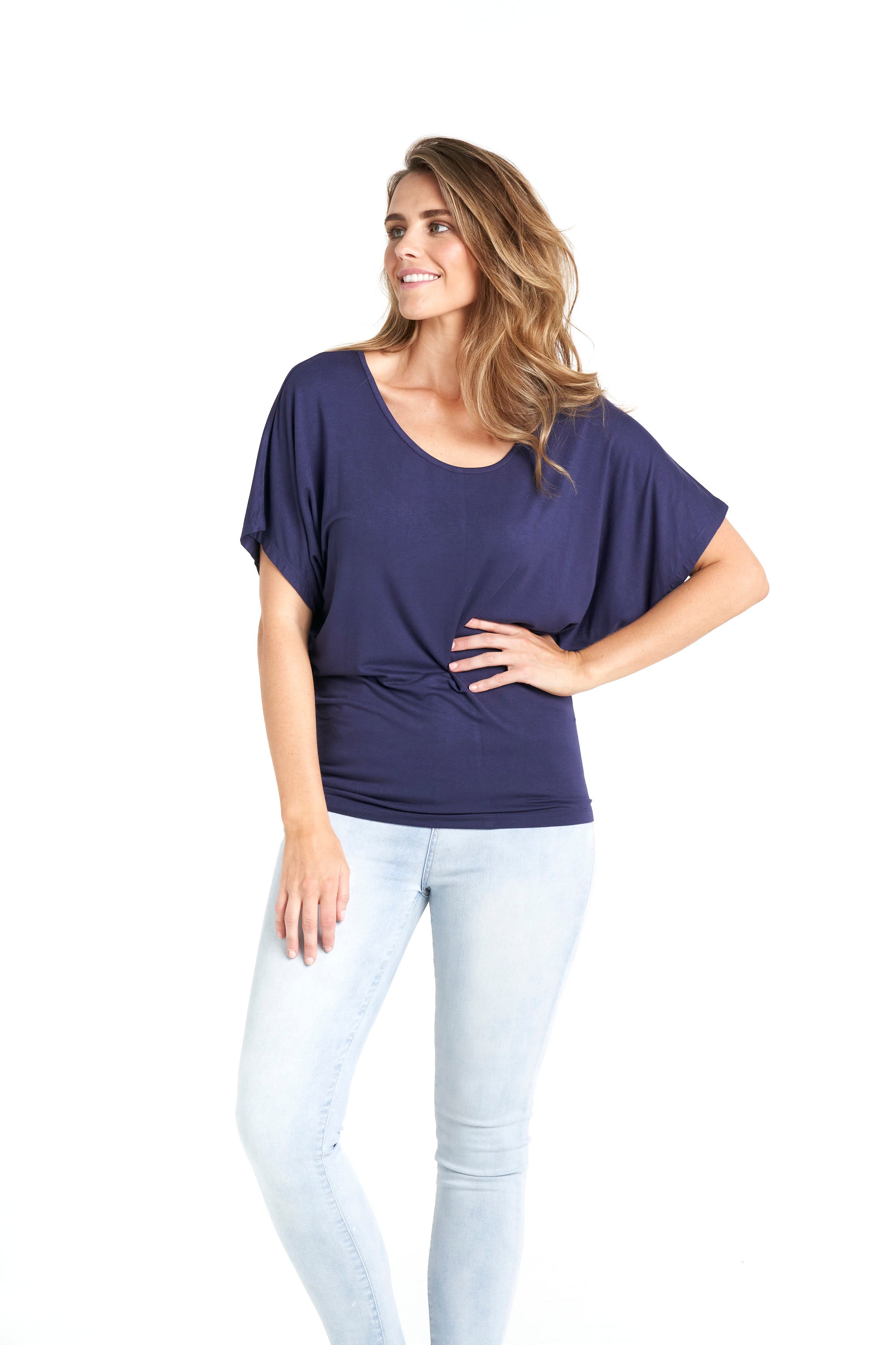 Milan Draped Relaxed 3/4 Sleeve Basic Top - Navy