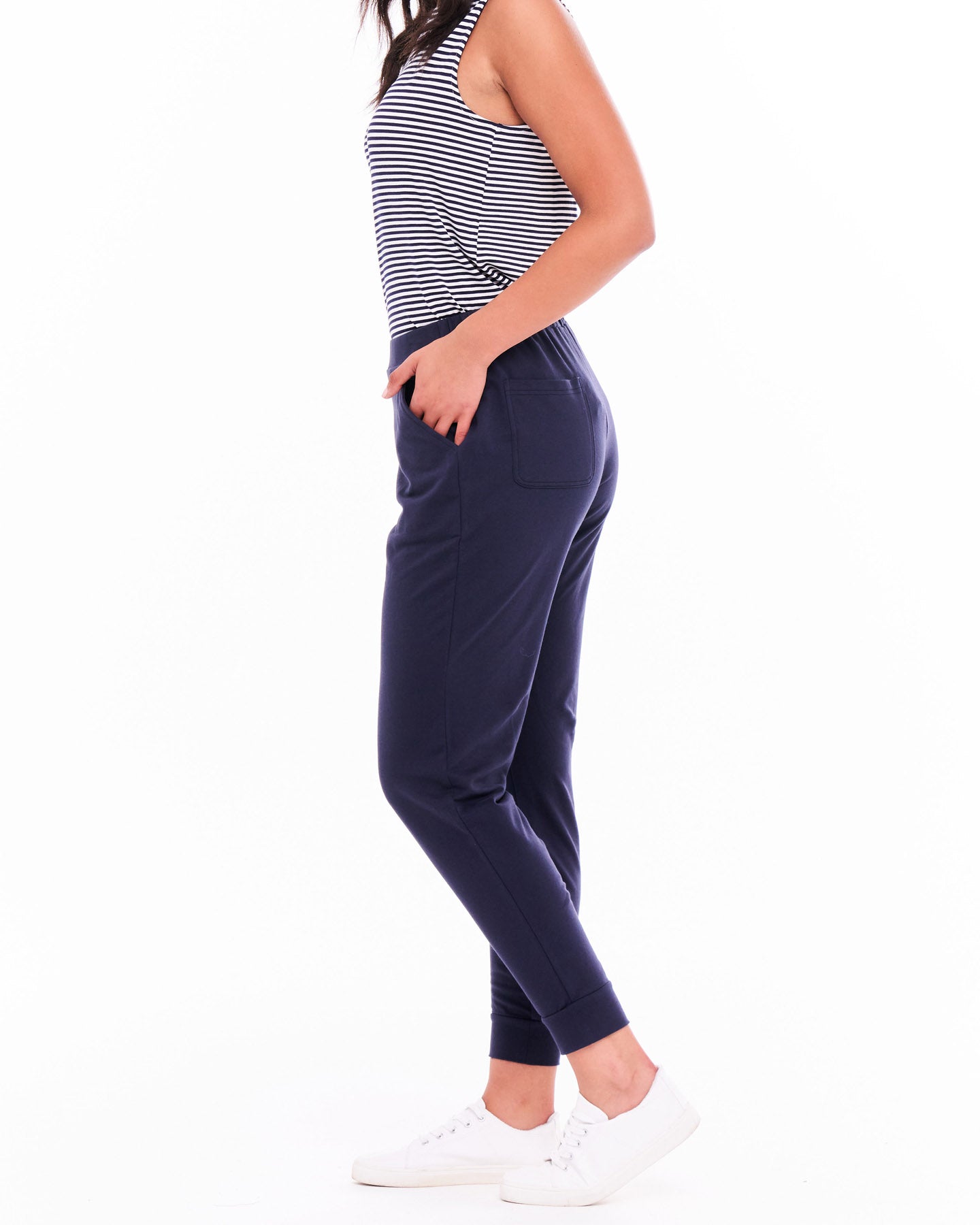 Lindsay Elastic Waistband Slim Leg Cotton Jogger Pants - Navy