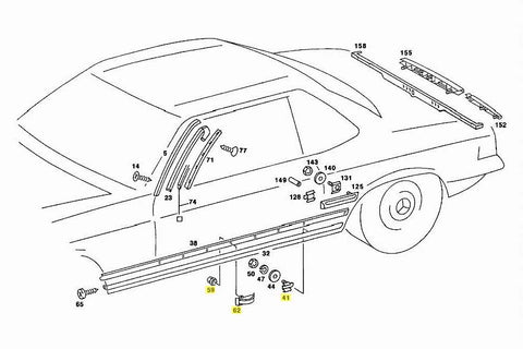 Mercedes R107 SL Lower Side Chrome Trim Fastener Schematic