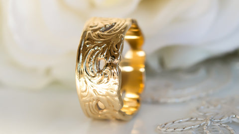 Vintage wedding band, wide gold ring in vintage inspired style, 14k gold ornamental ring