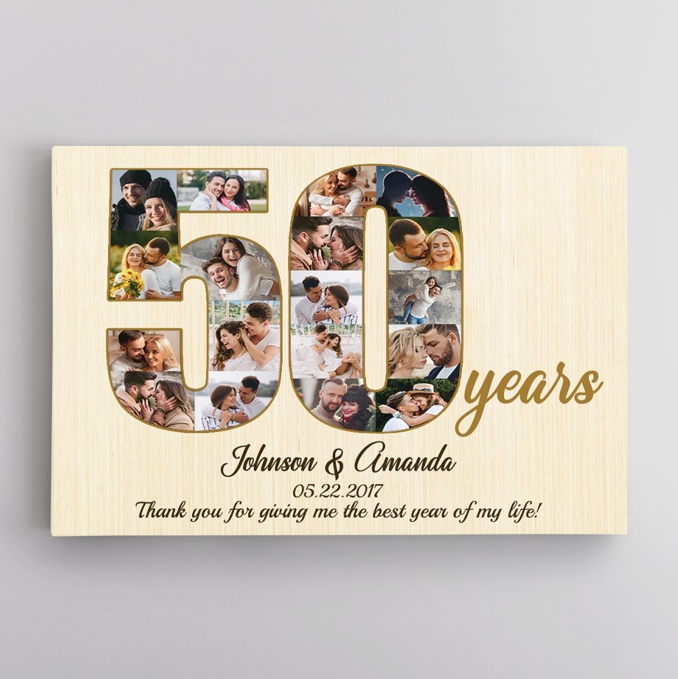 50th Wedding Anniversary Custom Photo Collage Light Wood Background Ca