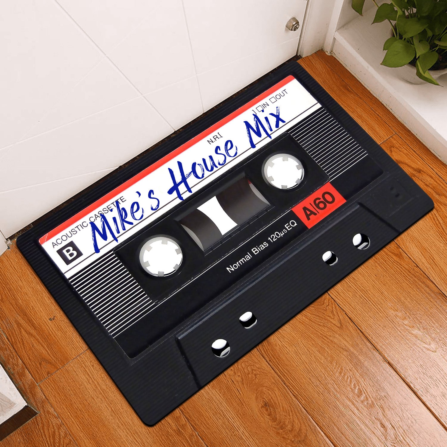 This cassette tape doormat with a classic style can be personalized with your name or any text you want.