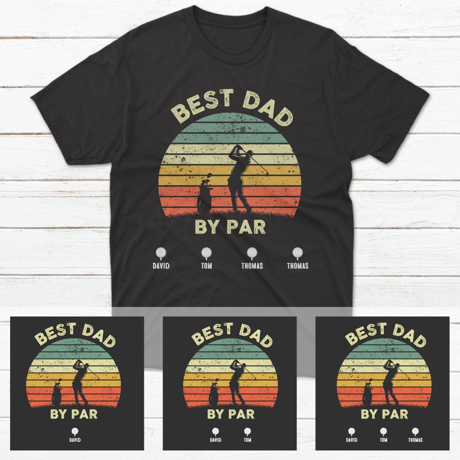 a black color short-sleeves shirt print a man playing golf image, and phrase "Best Dad By Par"