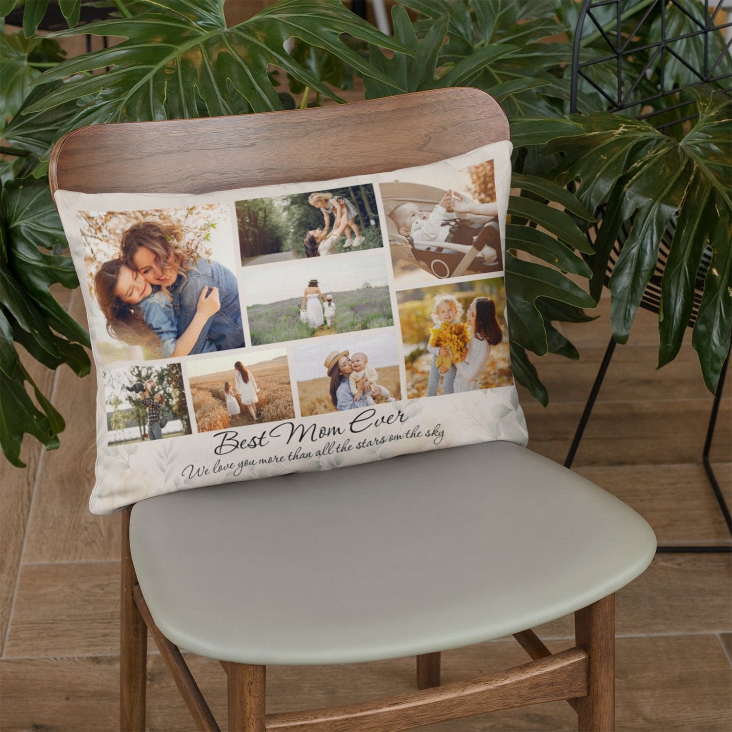 A rectangular throw pillow print Photo Collage, and text in white color background is the greatest anniversary gift for your mom