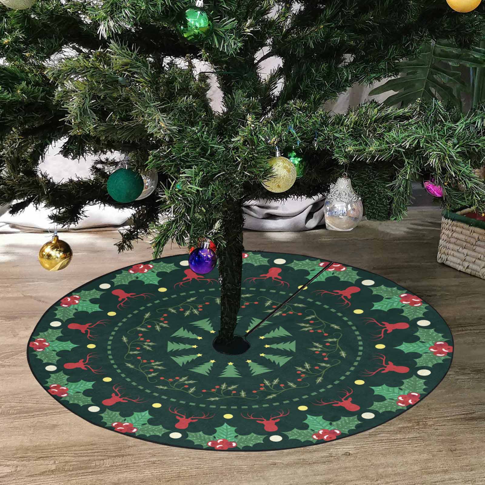A circle Christmas tree skirt print Deer head images and mistletoe leaves image on a green color background is wonderful Christmas gifts for your Papa