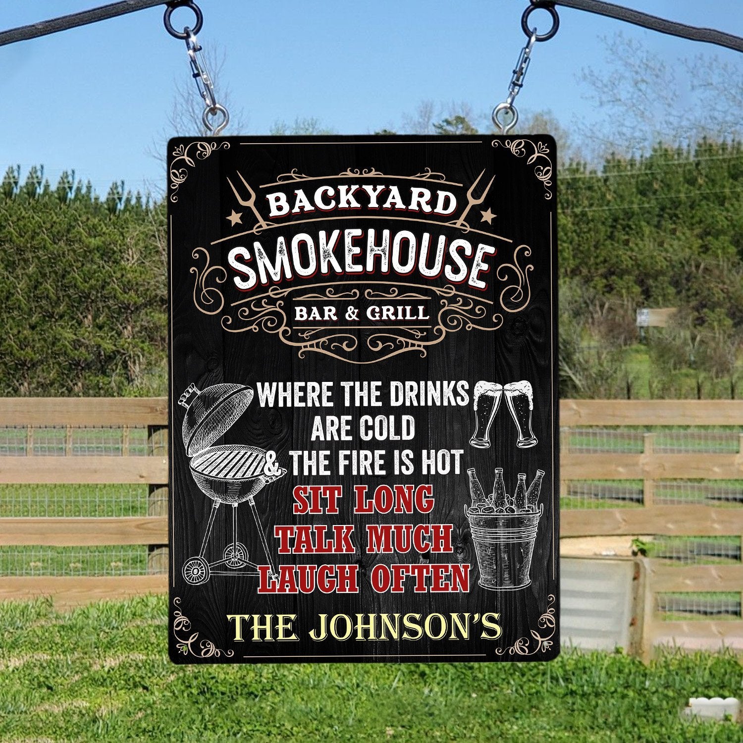 A backyard sign with smokehouse bar and grill sentence, name print will be a great valentine gift suit for men who like decorate their place