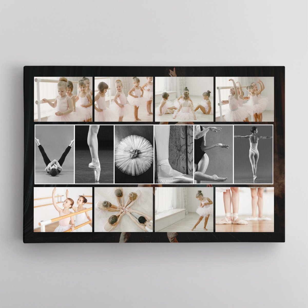 A rectangular hanging frame canvas wall art that print name within ballet dance positions shape, photos on the background that has vintage color is the best gift for valentine day